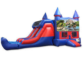 Dinosaurs 4 Double Lane Dry Slide with Bounce House