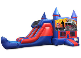 
                Firemen Fire Truck Double Lane Dry Slide with Bounce House