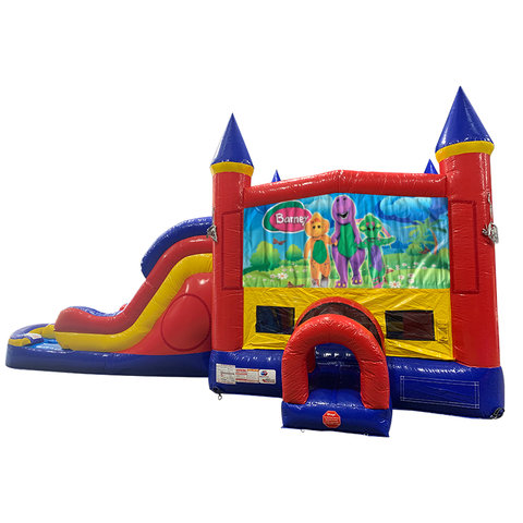 Barney Double Lane Dry Slide with Bounce House