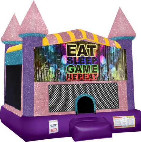 Eat, Sleep, Play Games Inflatable Bounce House with Basketball Goal Pink