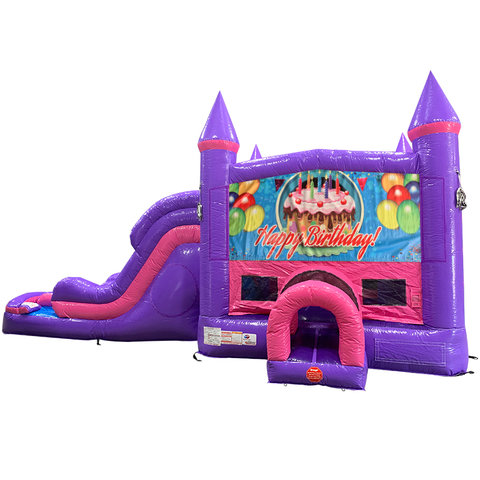 Happy B-Day Cake Dream Double Lane Wet/Dry Slide with Bounce House