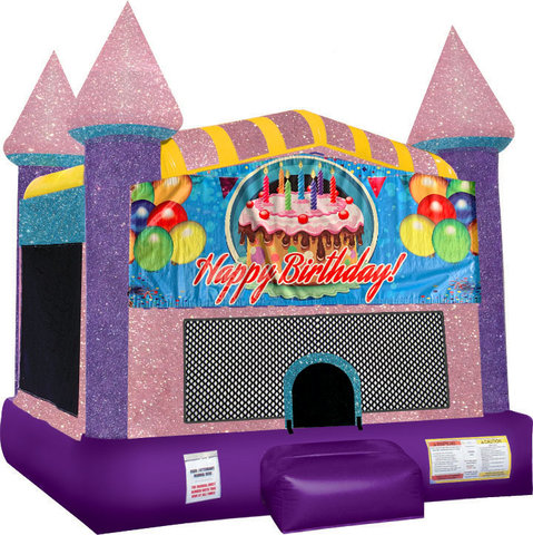 Happy B-Day Cake bounce house with Basketball Goal Pink