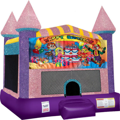Happy Birthday Kids bounce house with Basketball Goal Pink