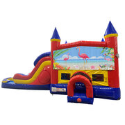 Flamingos Double Lane Dry Slide with Bounce House