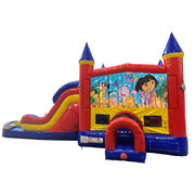 Dora Double Lane Water Slide with Bounce House