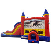 Horses Double Lane Dry Slide with Bounce House