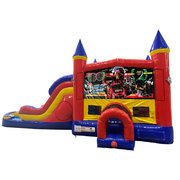 Race Cars Double Lane Dry Slide with Bounce House