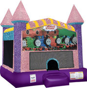 Train Inflatable Bounce house with Basketball Goal Pink