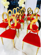 GOLD ROUND BACK CHAIRS WITH RED CUSHION