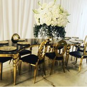 GOLD ROUND BACK CHAIRS WITH BLACK CUSHION