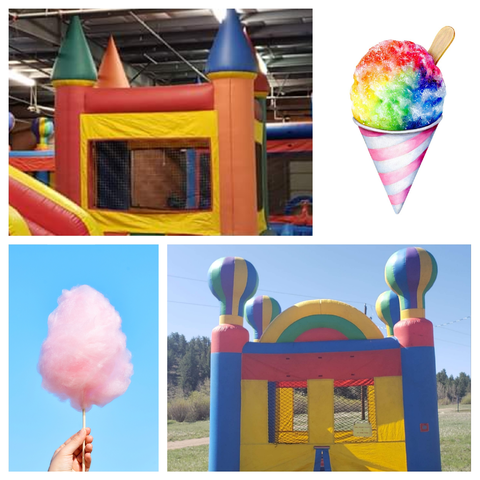 Deluxe Party to Go! 1 Deluxe Bounce House, 1 inflatable game (Velcro wall, climbing wall, bungee run, or jousting arena), 3 Tents, 4 Tables, 32 Chairs, Sound System, Cotton Candy Machine, and Snow Cone Machine! Deluxe Party to Go! 1 Deluxe Bounce House, 1 inflatable game (Velcro wall, climbing wall, bungee run, or jousting arena), 3 Tents, 4 Tables, 32 Chairs, Sound System, Cotton Candy Machine, and Snow Cone Machine!
