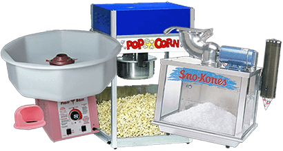Image of Sno-Kone machine, Popcorn machine and pink cotton candy machine