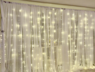 Ivory Sheer Pipe and Drape 7ft Tall x 10ft Wide with twinkle lights