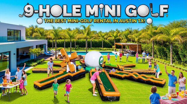 inflatable mini-golf course setup in backyard with families playing on a nice Texas day.
