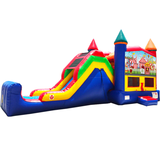 Carnival themed super combo 5-in-1 inflatable on a blank background