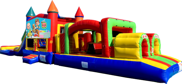 Cocomelon Super Duper Combo inflatable rental outside view from Austin Bounce House Rentals