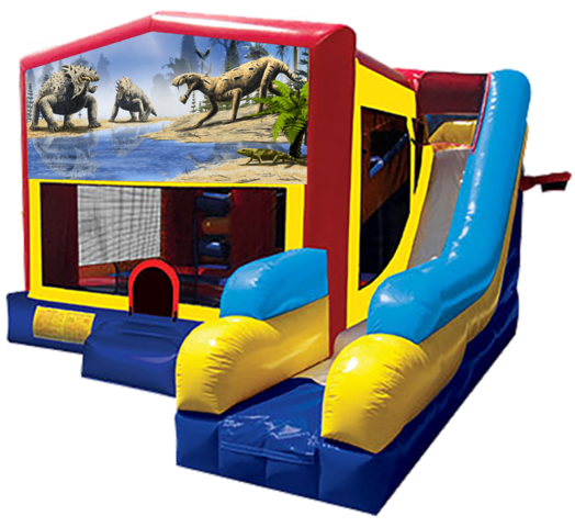 Dinosaurs themed bounce house with slide and obstacles, background removed.