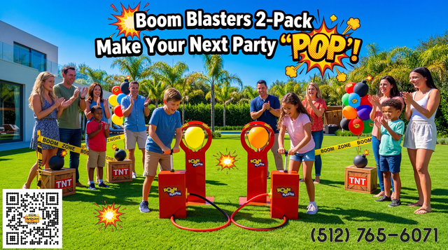 Boom blasters 2-pack setup in backyard setting with families all around.