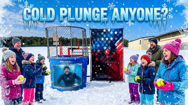 Dunk Tank setup in winter for a Polar Plunge cold plunge with people in winter coats having fun.