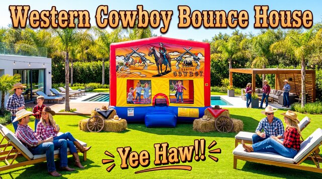 western cowboy themed bounce house setup outdoors with kids and parents having fun.