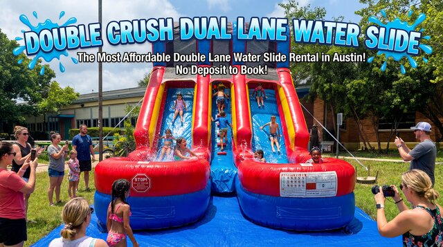 Double Crush dual lane water slide setup outdoors with kids playing, overlays with name of product.