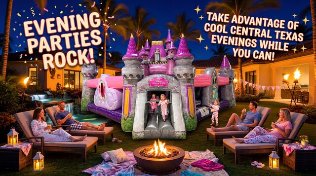 Disney Princess Toddler Playland setup in a nice yard in the evening with kids playing and parents watching with "Evening Parties Rock!" overlay.