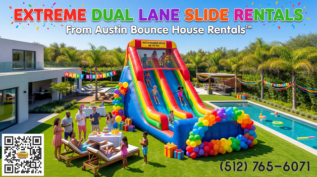 a huge 2 lane inflatable slide in primary colors setup in a nice backyard with kids playing and parents watching at this birthday party. Title overlays from Austin Bounce House Rentals™