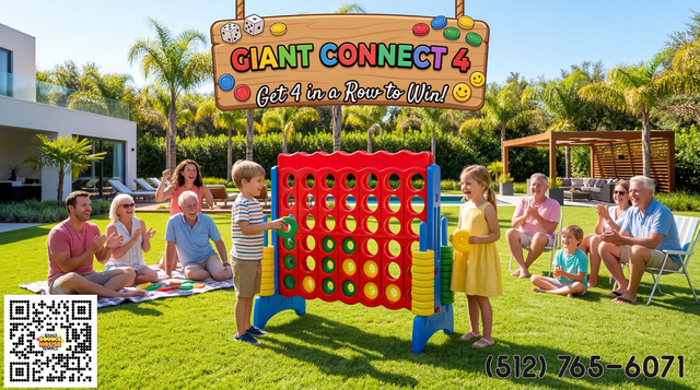 a giant connect 4 game setup in a nice backyard with families playing