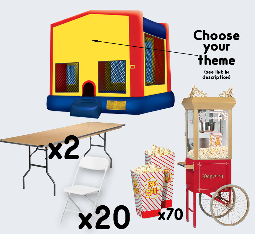 Bounce House Popcorn Cart 2 tables and 20 chairs party package rental from Austin Bounce House Rentals