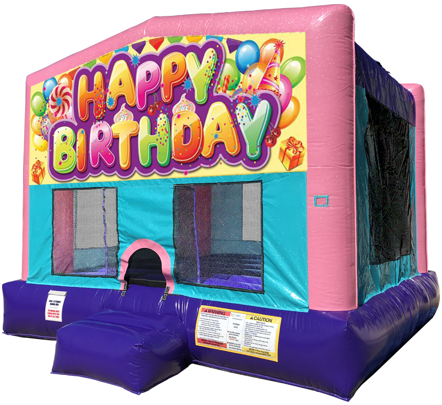 Happy Birthday Sparkly Pink Bounce House Rentals in Austin Texas from Austin Bounce House Rentals