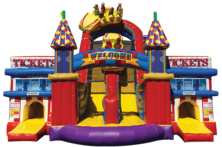 Midway Amusement Park Obstacle Course front view in Austin Texas from Austin Bounce House Rentals