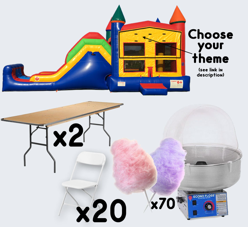 Super Combo Cotton Candy 2 tables and 20 chairs party package rental from Austin Bounce House Rentals
