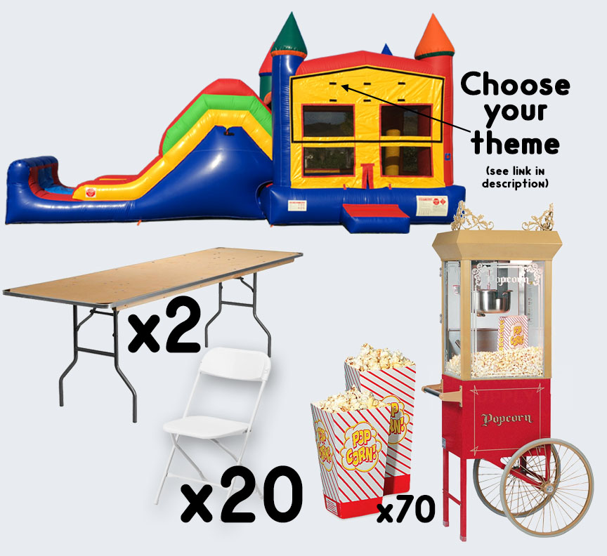 Super Combo Popcorn Cart 2 tables and 20 chairs party package rental from Austin Bounce House Rentals