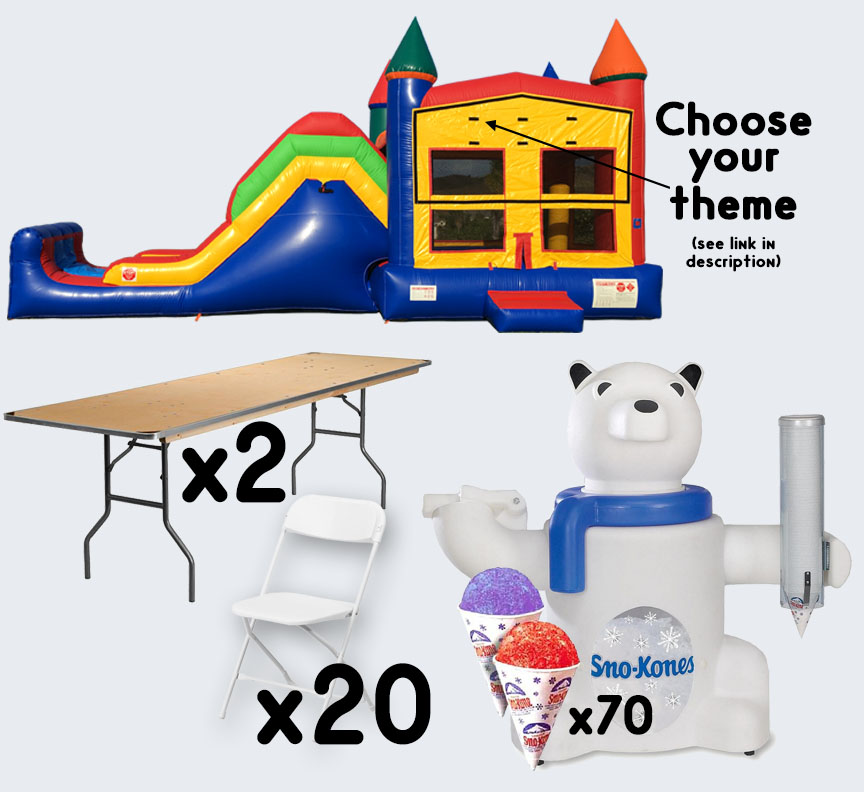 Super Combo Sno-Cone 2 tables and 20 chairs party package rental from Austin Bounce House Rentals