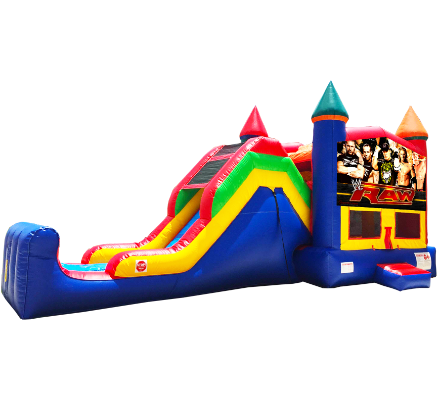 WWE Wrestling Super Combo 5-in-1 wet-dry slide bounce house in Austin Texas from Austin Bounce House Rentals
