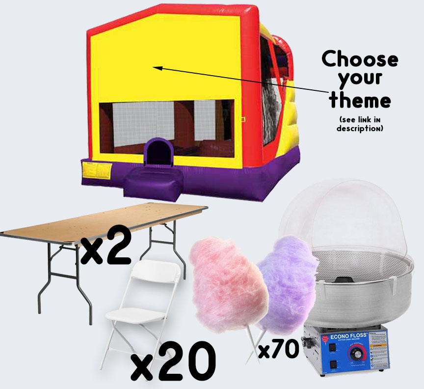 4-in-1 Combo Cotton Candy 2 tables and 20 chairs party package rental from Austin Bounce House Rentals