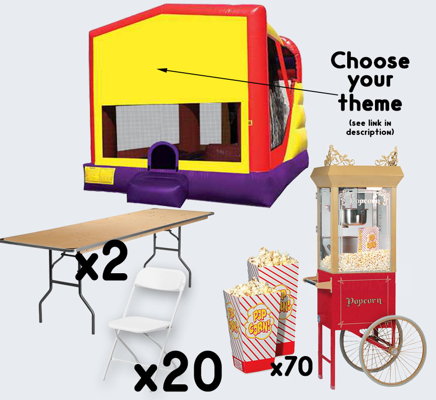 4-in-1 Combo Popcorn Cart 2 tables and 20 chairs party package rental from Austin Bounce House Rentals