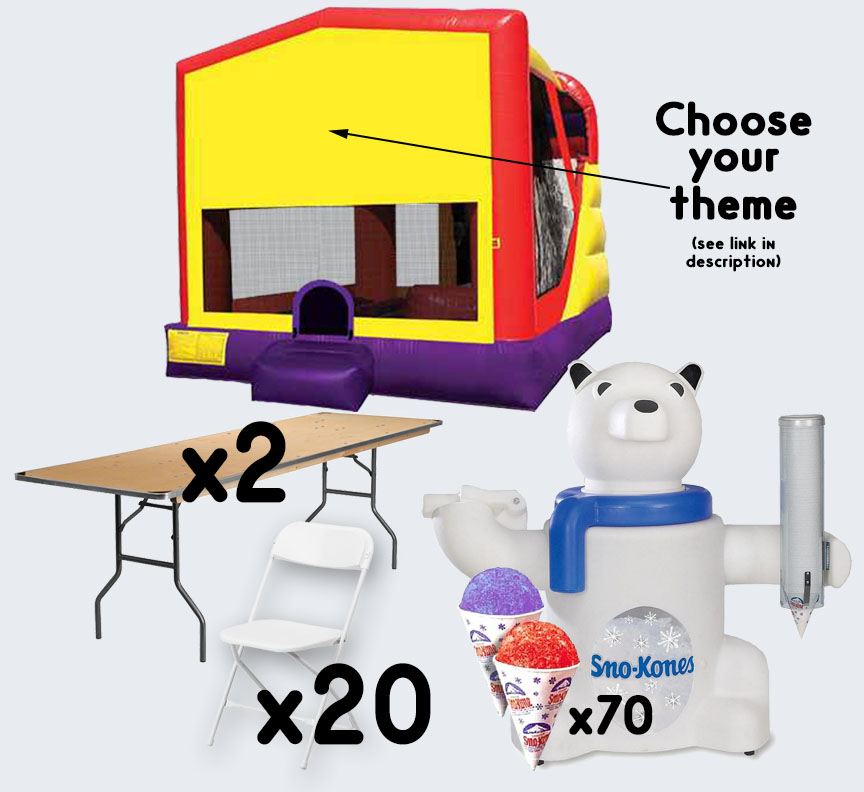 4-in-1 Combo Sno-Cone 2 tables and 20 chairs party package rental from Austin Bounce House Rentals