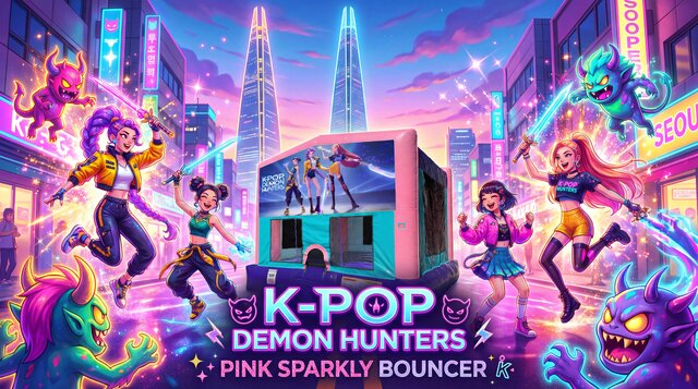 K-Pop Demon Hunters Pink Sparkly Bounce House setup in cartoon South Korea with creative graphics.