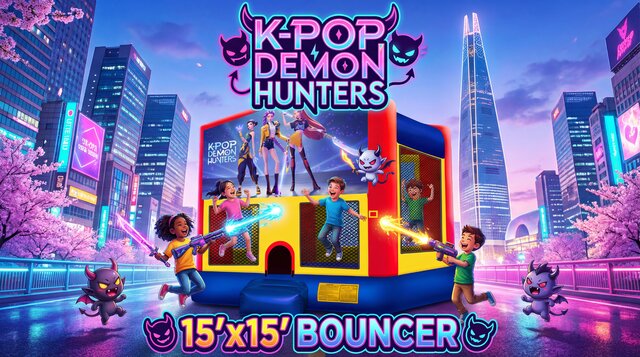 K-Pop Demon Hunters bounce house with cartoon South Korea background and fun scene.