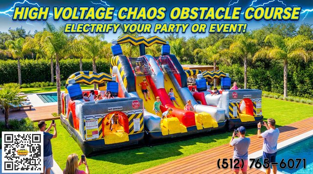 High Voltage Chaos Obstacle Course rental in Austin Texas with kids playing and parents watching with title overlay.