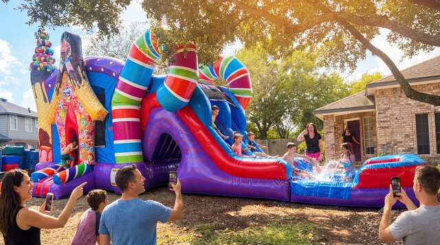 A brightly lit yard with a Sugar Shack Bounce/Slide Combo rental from Austin Bounce House Rentals in Austin Texas.