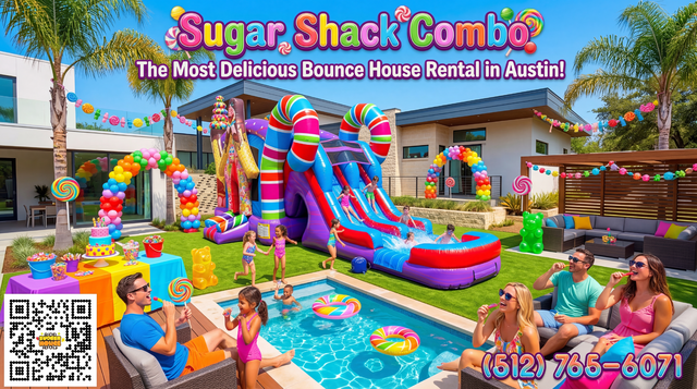 a candy themed bounce house with double slide setup in a nice yard with palm trees and kids playing on the bouncer while parents watch