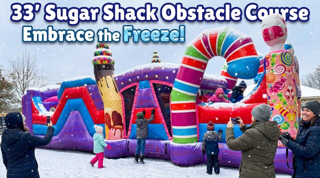 Winter scene with the 33' Sugar Shack Obstacle Courses with kids playing and parents watching.