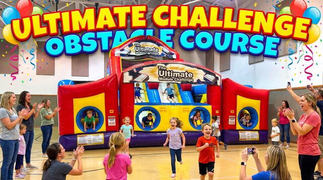 Ultimate Challenge Obstacle Course setup indoors with kids and parents having a great time.