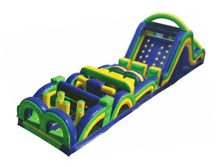 65’ Obstacle Course with Rock Wall and double lane water slide and pool
