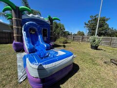 Purple Tropical Bounce house with water slide and pool 