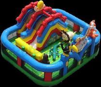 Jungle bouncer with obstacle course and double slides 