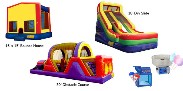 Bounce House + Slide + Obstacle Course + Cotton Candy Machine + Snow Cone Machine