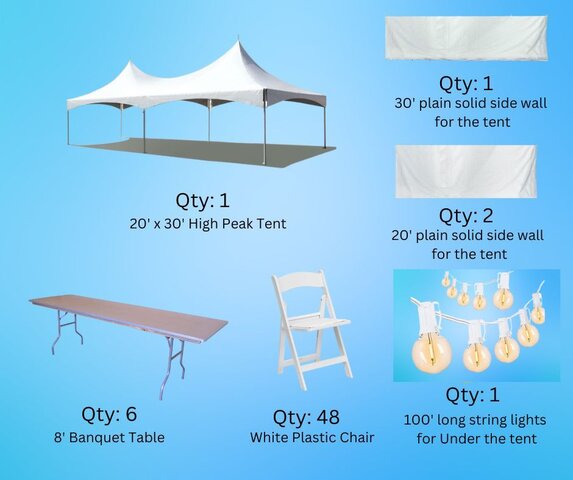 Premium 20x30 High Peak Wedding Package. Inc Lighting Upgraded Chairs & Tent Sidewalls Premium 20x30 High Peak Wedding Package. Inc Lighting Upgraded Chairs & Tent Sidewalls